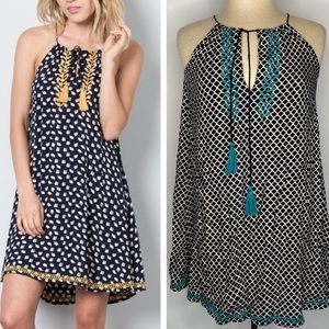 THML Black White Print Teal Embroidered Dress